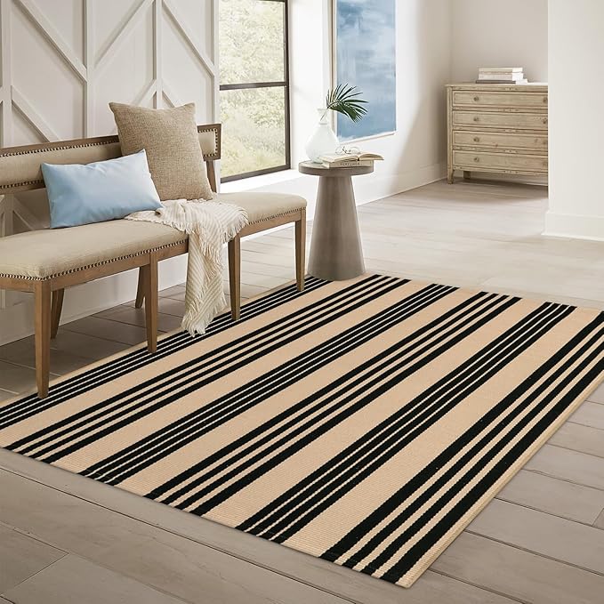 OJIA Outdoor Area Rugs 4'x6', Black and Tan Outdoor Rug Machine Washable Patio Rugs Cotton Hand Woven Entryway Rug Indoor Rugs for Bedroom/Porch/Deck/Backyard/Camping/Living Room