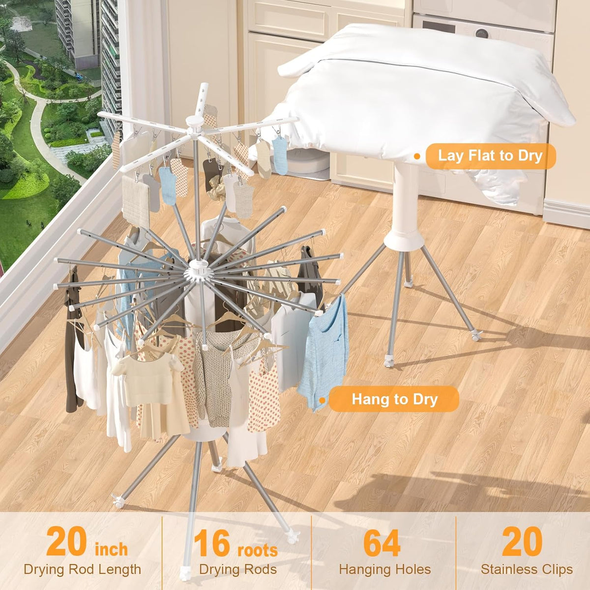 4-Legged Clothes Drying Rack Foldable, Double Dryer Rack with 20 Clips, Outdoor Laundry Drying Rack with 4 Pulleys, Collapsible Drying Rack Clothing