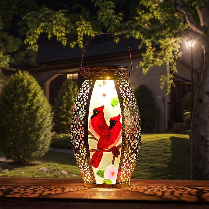 Cardinal Outdoor Solar Lanterns Waterproof 13.8" Large Hanging Solar Lantern Decorative Cardinals Solars Lights for Outside Yard Table Patio Garden Pathway Lawn Cardinal Gifts