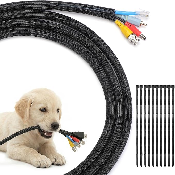 Yecaye 10ft - 1/2 inch Cable Sleeve Cord Protector, Split Braided Wire Loom Tubing for TV Computer USB Cable Organizer, Cable Management Cord Protectors from Pets no Chew, Black (with 10 Zip Ties)