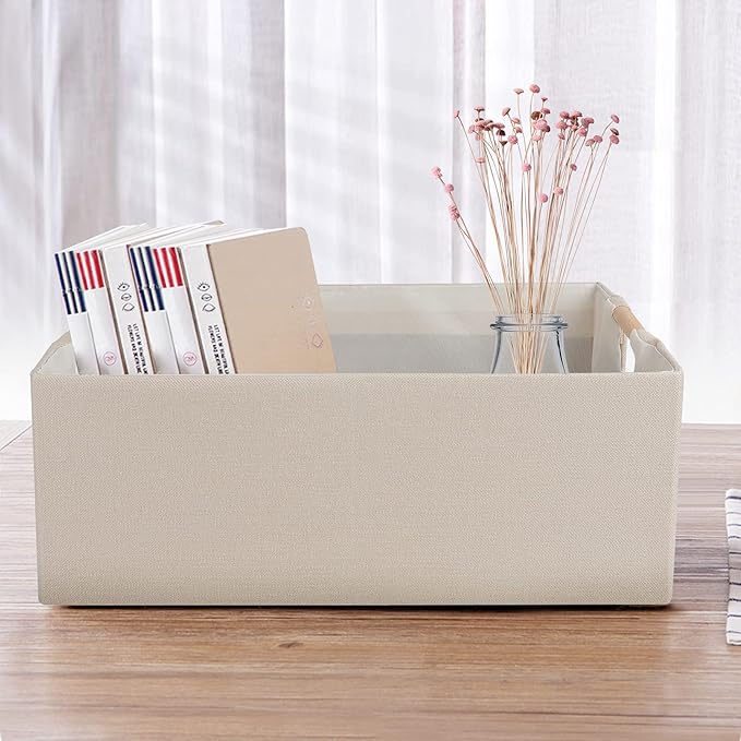 ANMINY 4PCS Storage Baskets for Organizing Collapsible Fabric Storage Bins Boxes with Wood Handles Closet Shelves Cube Organizer Bins Clothes Laundry Storage Container - Small, Beige