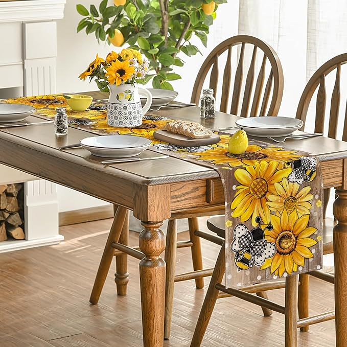 Artoid Mode Wood Sunflower Bee Flower Polka Dot Summer Table Runner, Seasonal Kitchen Dining Table Decoration for Home Party Decor 13x48 Inch