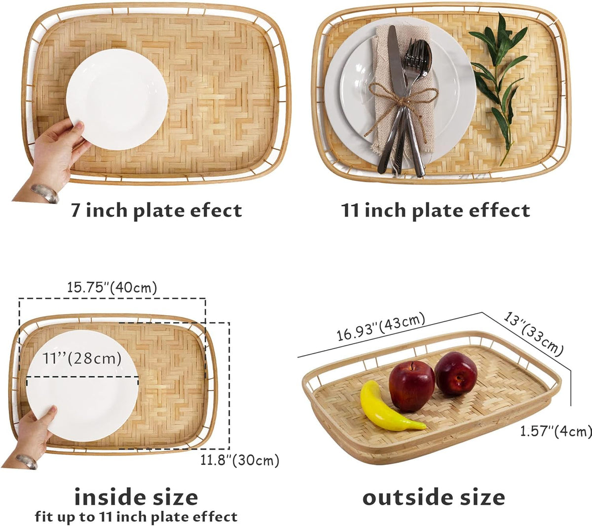 Pemar Set of 4 Bamboo Wicker Serving Trays for Foods & Drinks, Rectangular Breakfast Lap Trays with Handles Wooden Decorative Platters for Coffee
