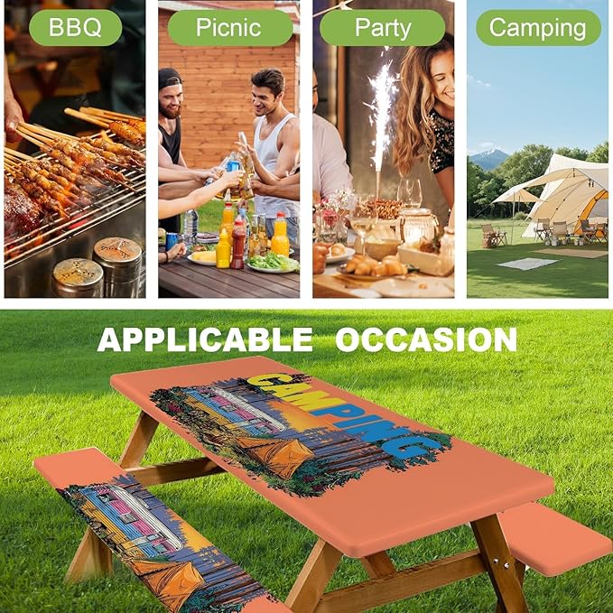 ANNA QUEEN Brand 6-Foot Camping Outdoor Picnic Table Cover, Includes Bench Cover, 3-piece Picnic Table Cover Set, 72 inches x 30 inches, Camping Outdoor Bench and Tablecloth Furniture Protection.
