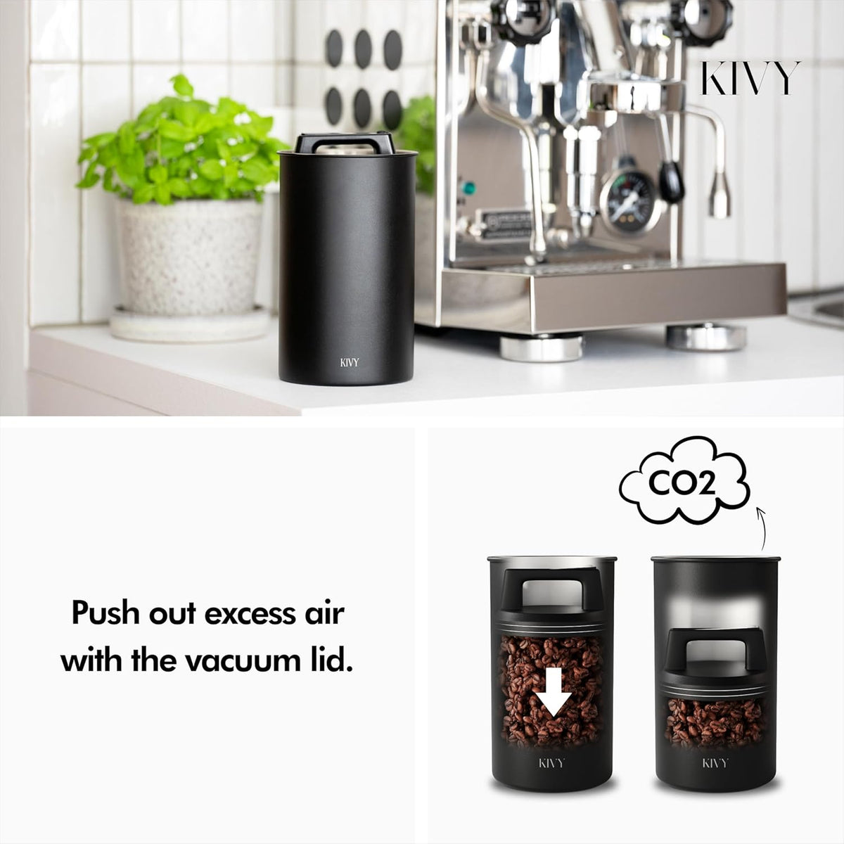 Kivy Vacuum Coffee Canister (Large) - Push Lid Preserves Aroma & Oil - Stainless Steel Airtight Canister