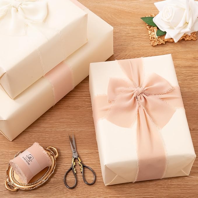 DORIS HOME Pink and Cream Chiffon Ribbon for Flower Bouquet, 2" x21Yd Fabric Ribbon for Gift Wrapping, Handmade Frayed Ribbon for Wedding/Christmas Decorations
