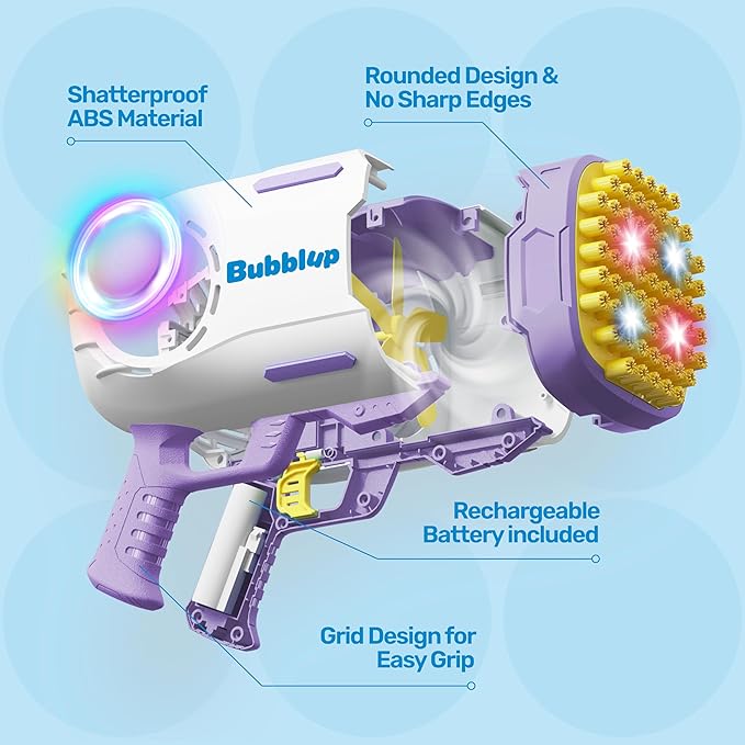 Play-Act 69 Holes Bubble Machine Guns Toys, Bazooka Rocket Shape Bubble Gun for Kids Adults, Colored Lights Blaster Blower with Solution Outdoor, Summer Toys, Party Favors, Wedding, Birthday