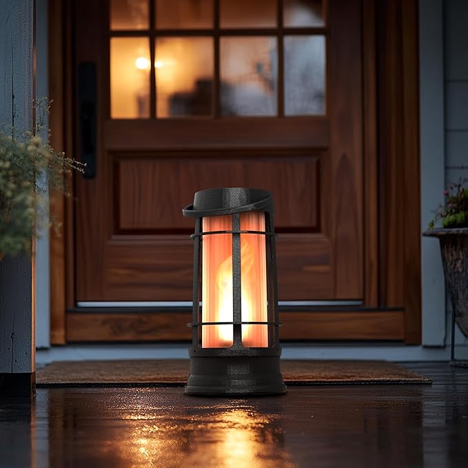 FoxFlame Upgraded Metal Outdoor Solar Lantern, Flickering Solar Lanterns Outdoor Waterproof with Patented LED, Outdoor Lanterns for Porch, Patio, Garden, Tabletop, Hanging Use, Matte Black (2 Pack)