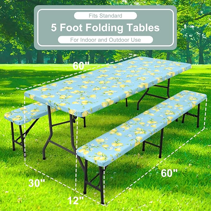 misaya Picnic Table Cover with Bench Cover, Waterproof Elastic Fitted Tablecloth for 5 Foot Tables, Rectangle Washable Polyester Fabric Tablecloths for Picnic, Camping, Outdoor (Lemon, 30" x 60")