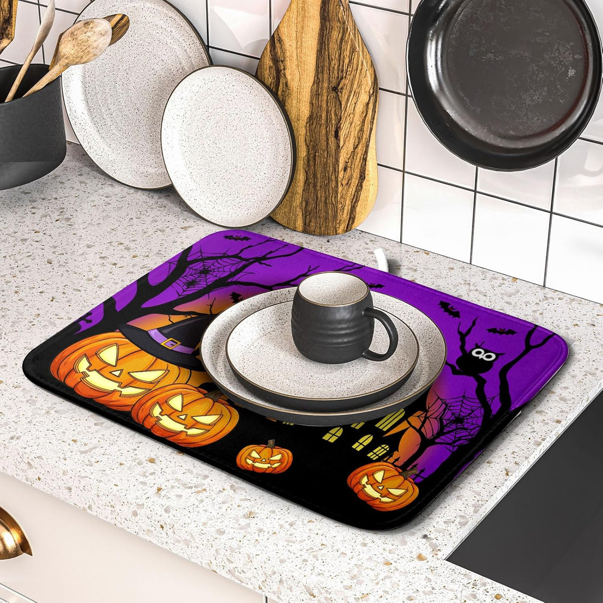 Happy Halloween Pumpkin Dish Drying Mat for Kitchen Counter,Witch Ghost Castle Bat Purple Drying Mat 16 x 18 Inch with High Absorbent Microfiber