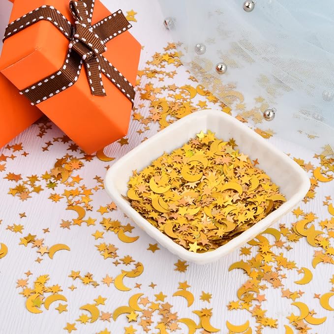 4000Pcs Star and Moon Confetti, 30g Table Confetti, 4-10mm Iridescent Metallic Glitter Foil Confetti, Twinkle Little Stars Moon Sequin for Birthday Party Wedding Festival DIY Crafts (Gold)
