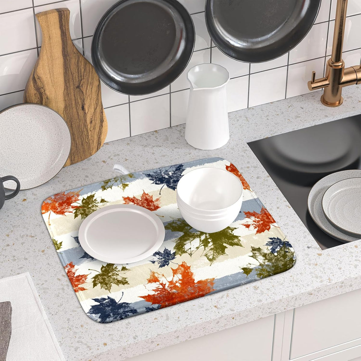 Autumn Colorful Maple Leaves Dish Drying Mat for Kitchen Counter,Blue and White Stripe Drying Mat 16 x 18 Inch with Absorbent Reversible Microfiber