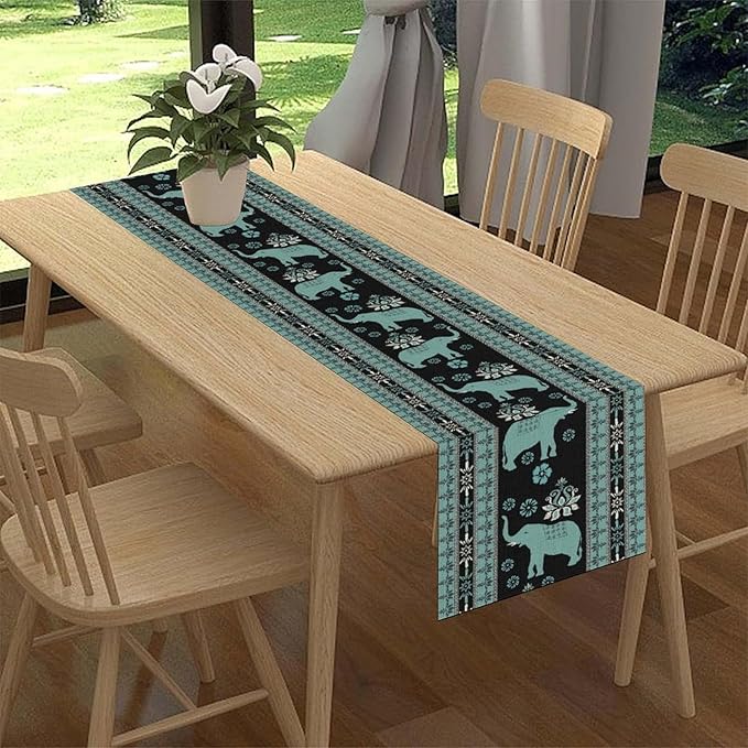African Tribal Table Runner, Boho Elephants Tribal Traditional Indian Diwali Animal Blue Ethnic Rustic Coffee Table Center Decor for Home Kitchen Holiday Party Outdoor Table Decorations, 13"x108"