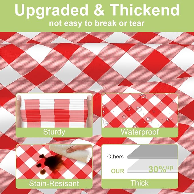 QIKSION Red Gingham Tablecloth Disposable 2 Pack, 54 x 108 Inch Red and White Checkered Table Cloth for Picnic, Outdoor BBQ Decorations, Birthday Party Supplies, Rectangle, Plastic Table Cover