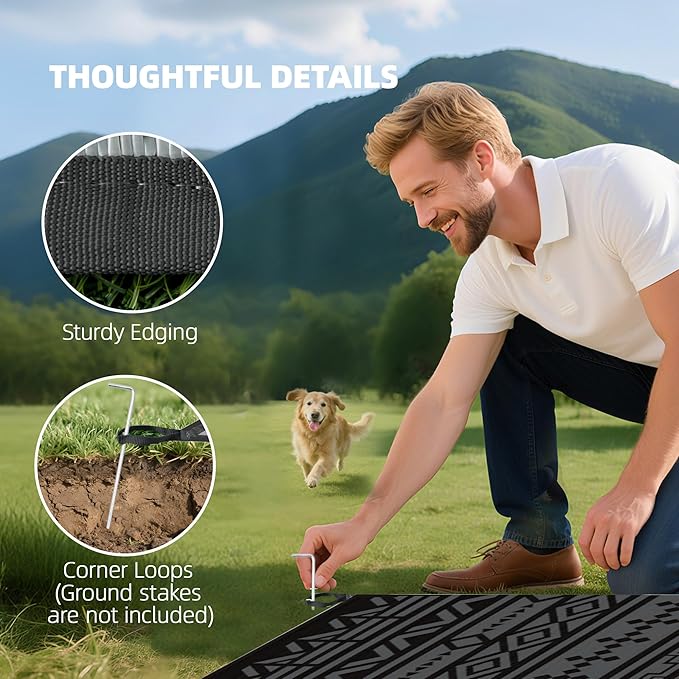 Outsunny Outdoor Rug for Patio, 9' x 18' Waterproof Large Mat, Reversible Plastic Straw Rug for Decor, Portable Outside RV Camping Area Carpet Mat for Backyard Porch Deck Picnic, Black Gray Geometric