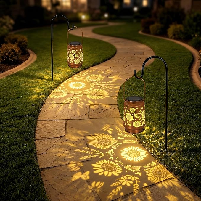 Solar Lantern Outdoor Waterproof, Gifts for Women Mom Grandma, Hanging Metal Light Sunflower Garden Decor for Yard Patio Lawn