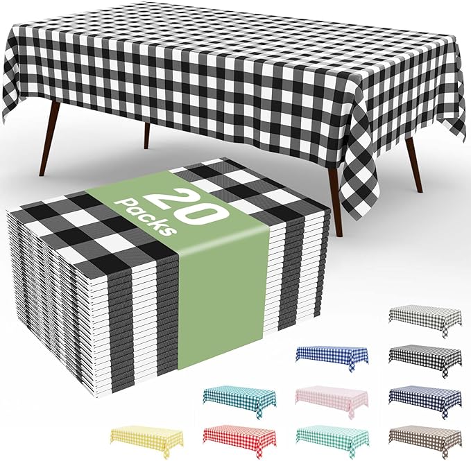 Smiry 20 Pack Black Gingham Disposable Tablecloths - 54" x 108" Heavy Duty Plastic Table Cloth, Waterproof Buffalo Plaid Table Covers for Picnic, Banquets, Outdoor Parties