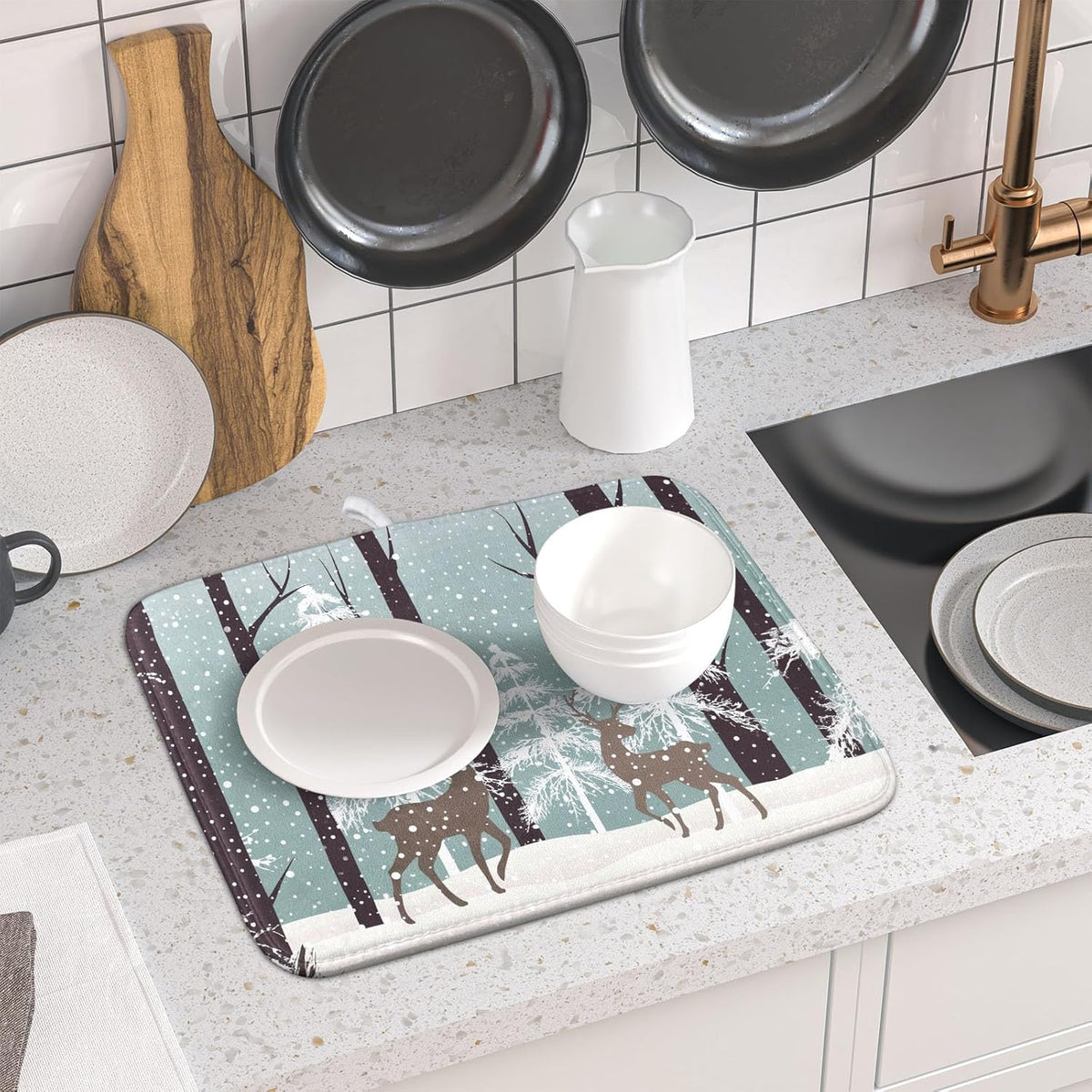 Winter Wildlife Deer Dish Drying Mat for Kitchen Counter,Xmas Landscape Snow Tree Ivory Drying Mat 16 x 18 Inch with High Absorbent Microfiber