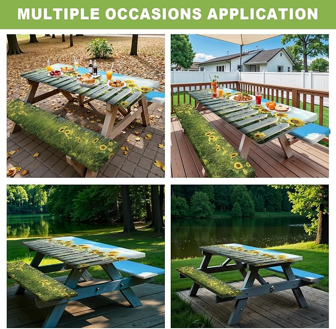 ANNA QUEEN 6FT Sunflower Picnic Table Cover with Bench Covers Spring Picnic Table Cover Set 3PCS 72"x30", Waterproof Outdoor Bench and Tablecloth Furniture Protection for Camping Beach