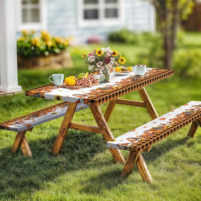 Fall Picnic Table Cover with Bench Covers, Camping Essentials, Thanksgiving Buffalo Plaid Floral Waterproof Windproof, Fitted Tablecloth Cover with Elastic Edge, Indoor & Outdoor, 3 PCS, 30x96 Inch