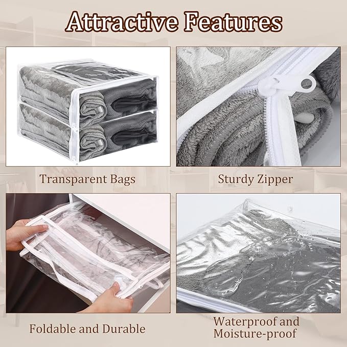 Kingdder 16 Pcs Clear Zippered Storage Bags Plastic Sweater Bags with Zipper 12 x 12 x 4 Inch Vinyl Sheet Organizer and Storage for Clothing Blankets Sheet Linen Bed Pillow Cube Organizer
