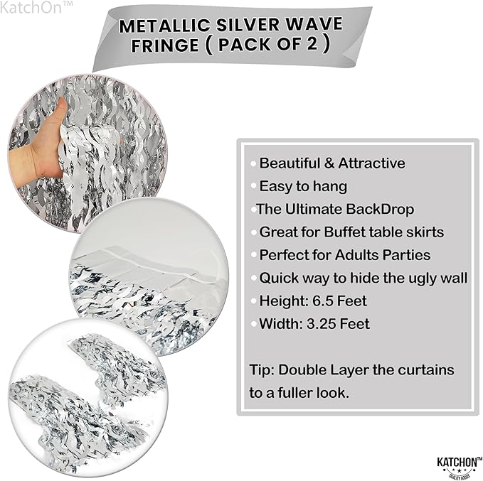 KatchOn, XtraLarge Wavy Silver Foil Fringe Curtain - Pack of 2, Silver Streamers Backdrop for Disco Party Decorations, Graduation Decorations 2026 Bachelorette Birthday Decor Prom Decorations 2026
