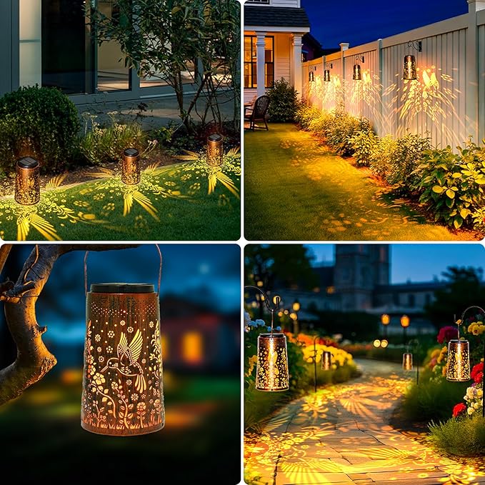 Solar Lanterns Outdoor Waterproof, 2 in 1 Amber & White Modes Upgraded, Bird Garden Decor Gifts for Women Mom Grandma, Metal Hanging Solar Lights Decoration for Yard Patio Porch Pathway, 1 Pack