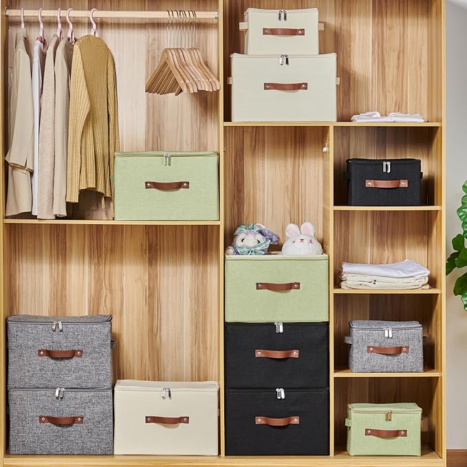 4 Pack Storage Bins with Zipper Lid Cotton Linen Fabric Lidded Storage Baskets Boxes Foldable Washable Closet Shelf Clothes Organizer Container with PU Leather Handles (Gray, Large)