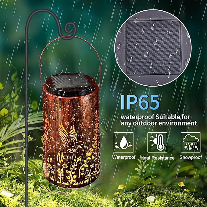 Solar Lanterns Outdoor Waterproof 2 Pack, 2 IN 1 Amber & White Modes Upgraded, Bird Garden Decor Gifts for Women Mom Grandma, Metal Hanging Solar Light Decoration for Yard Patio Porch Pathway