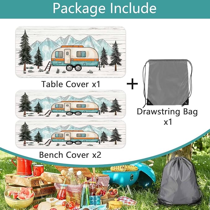 Happy Campers Picnic Table Cover with Bench Covers, RV Camping Tablecloth Fitted Picnic Table Covers, Pine Forest Country Wooden for Rectangle Tables Family Garden Outdoor Party Decorations, 30X72in