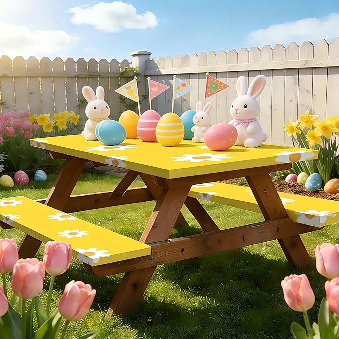 6FT Picnic Table Cover with Bench Covers Set Spring Daisy Decor Waterproof Windproof Camping Rectangle Tablecloths with Elastic Fitted Picnic Table Cover for Easter Spring Table Decor