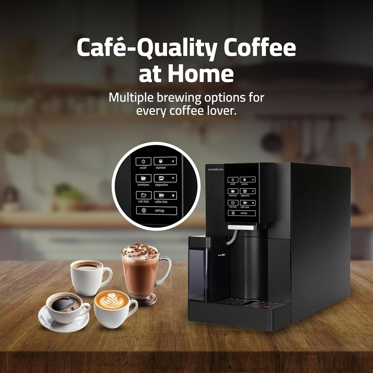 Epsilon Fully Automatic Coffee Machine with Grinder, Coffee & Espresso Maker Combo, Built-In Milk Frother, One Touch Self Cleaning