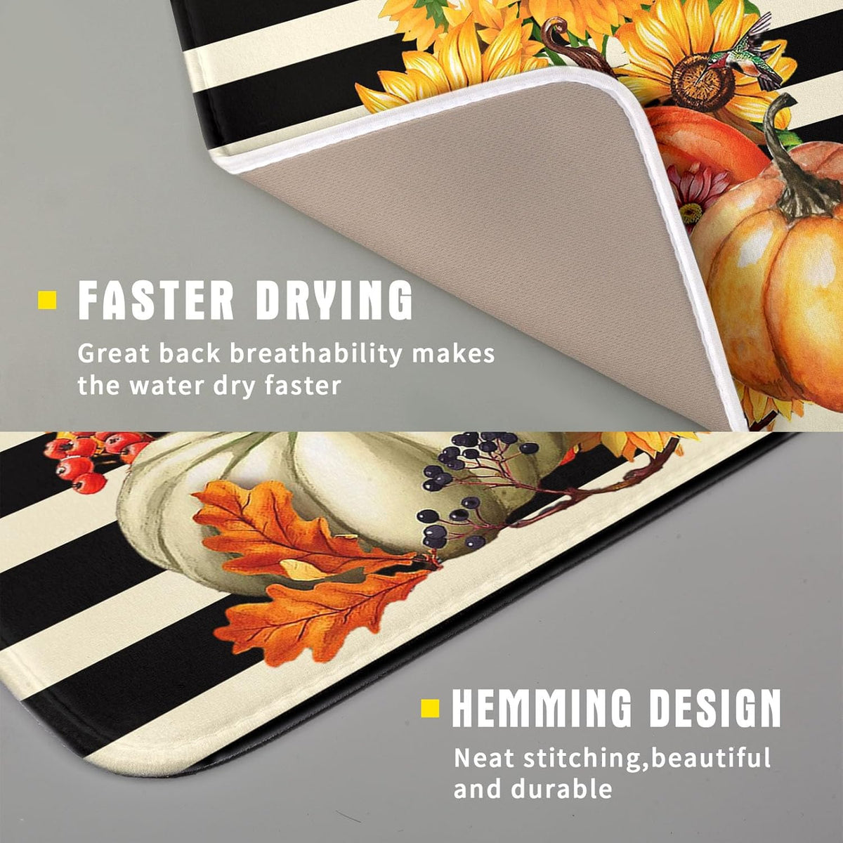 Sunflower Pumpkin Dish Drying Mat for Kitchen Counter,Black and White Stripe Drying Mat 16 x 18 Inch with Absorbent Reversible Microfiber Dish Drying