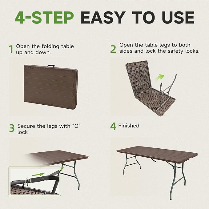 Folding Table 6 Foot, Heavy Duty 600LBS Capacity, HDPE Wood Grain Pattern, Sturdy Design with Safety Lock, Portable Tables Folding for Camping, Party, Indoor & Outdoor Use, 2 Pack