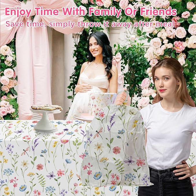 Homanu 6 Pack Wildflower Party Decorations Tablecloths, Large Size 54 X 108 Inch Rectangle Floral Tablecloth Plastic Table Cover for Birthday Party Baby Shower Decorations