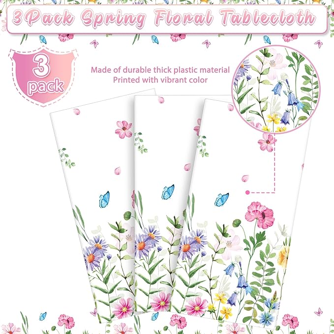 3Pcs Spring Floral Plastic Tablecloth,Pink Purple Blue Flower Butterfly Disposable Table Cover for Home Decor Summer Spring Picnic Dining Holiday Weeding Birthday Tea Party Decorations,54x108 Inch