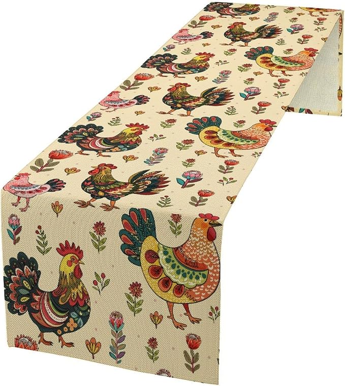 Rustic Farm Animal Table Runner, Vintage Rooster Boho Flowers Table Runner for Kitchen Dining Holiday Home Party 13x70in