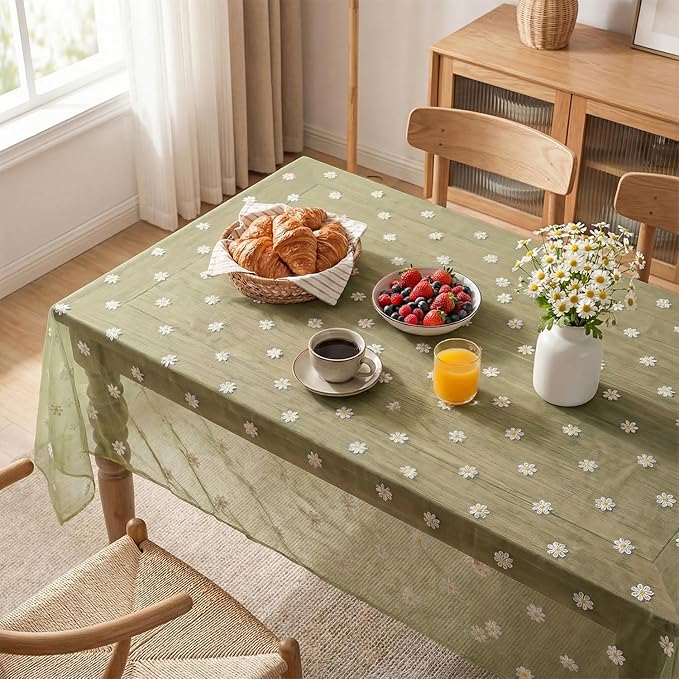 Horaldaily Sage Green Embroidery Daisy Spring Summer Gauze Tablecloth 60×104 Inch Rectangular, Seasonal Tulle Table Cover, Garden Party Decorations for Wedding, Party, Holiday Dining