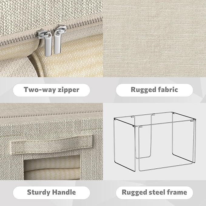 FHSQX 6 Pack Clothes Storage Bins with Metal Frame 100L Foldable Storage Bins for Clothes Linen Fabric Storage Box with Clear Window (Beige, 23.6x16.5x15.7inch(100L))