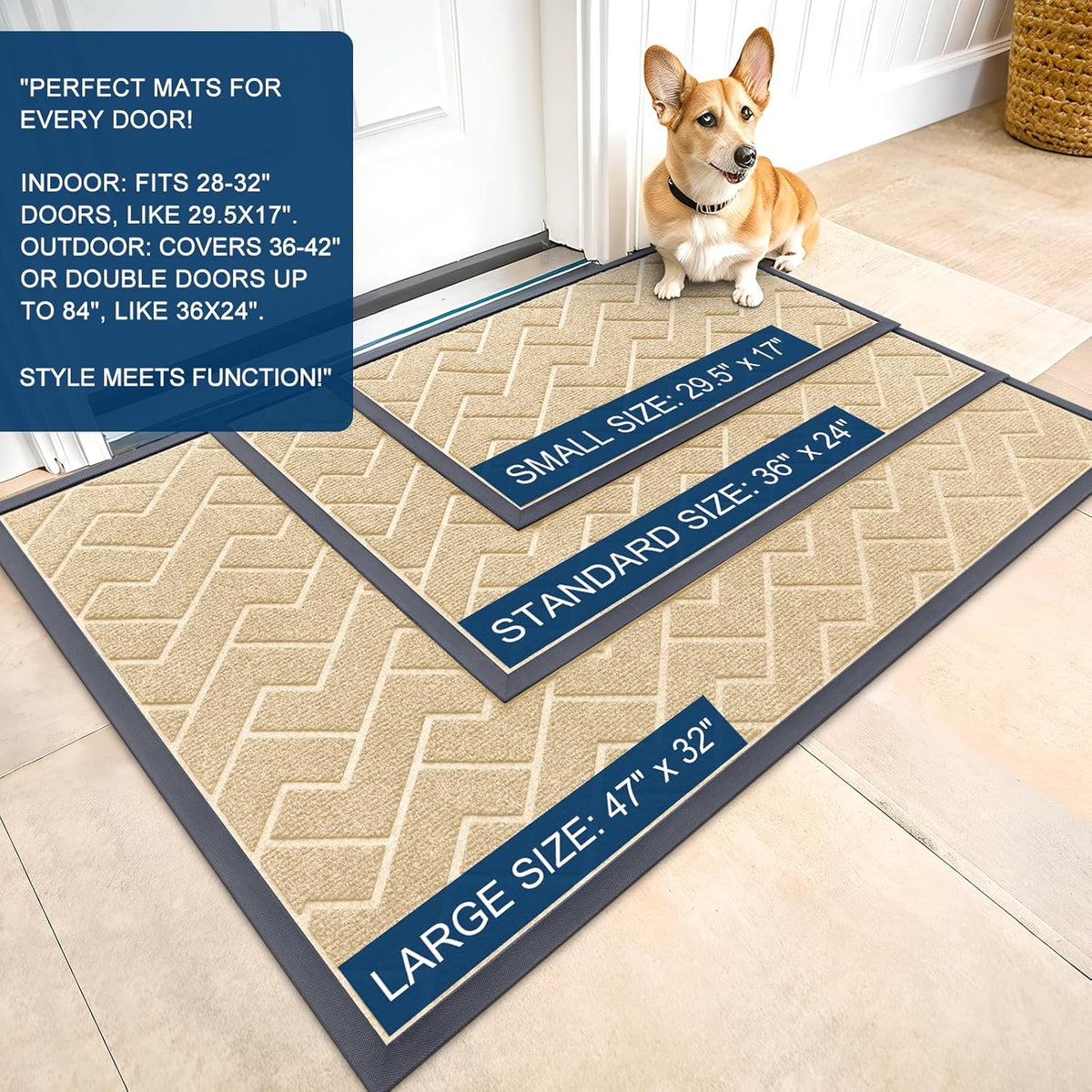 OLANLY Front Door Mat Indoor Outdoor Entrance, Waterproof All-Season, All-Weather Doormat, Sturdy Natural Rubber, Low Profile, Easy Clean Patio Porch Entryway Mat, Herringbone Brick (Beige, 47x23)