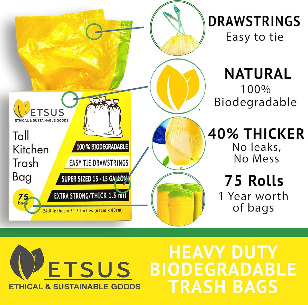 13 Gallon Biodegradable Trash Bags with Drawstrings, 75 Count Plant Based, Code Q Tall Kitchen Compost Bags 50 Liter Bin - Green Garbage Liners - 1.3 mil Thick Heavy Duty and Eco Friendly Trash Bags
