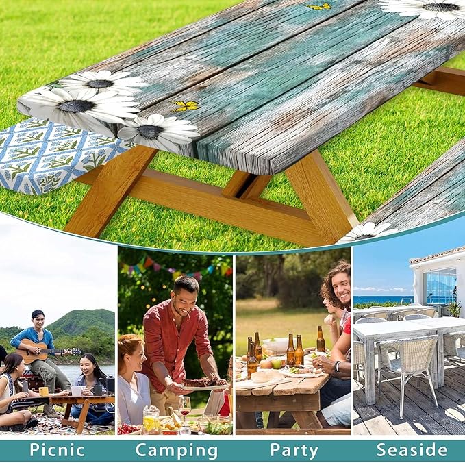Daisy Flowers Picnic Table Cover with Bench Covers and Bag, Camping Essentials, Wooden Grain Waterproof Windproof, Fitted Tablecloth Cover with Elastic Edge, for Indoor & Outdoor, 3 PCS, 30x96 Inch