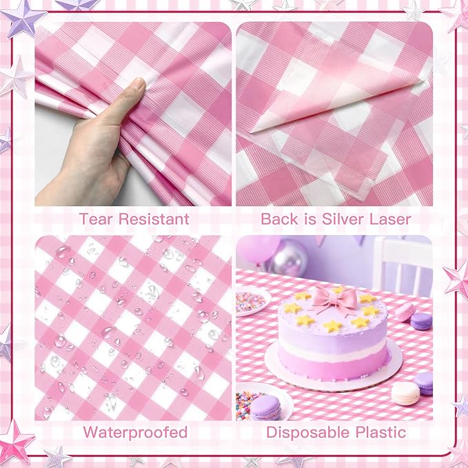1 Pack Pink Striped Gingham Tablecloths, 54 x 108 Inch Disposable Plastic Rectangle Table Covers, Waterproof Pink and White Checkered Pink Table Cloths for Picnic, Birthday, Party, Outdoor Events