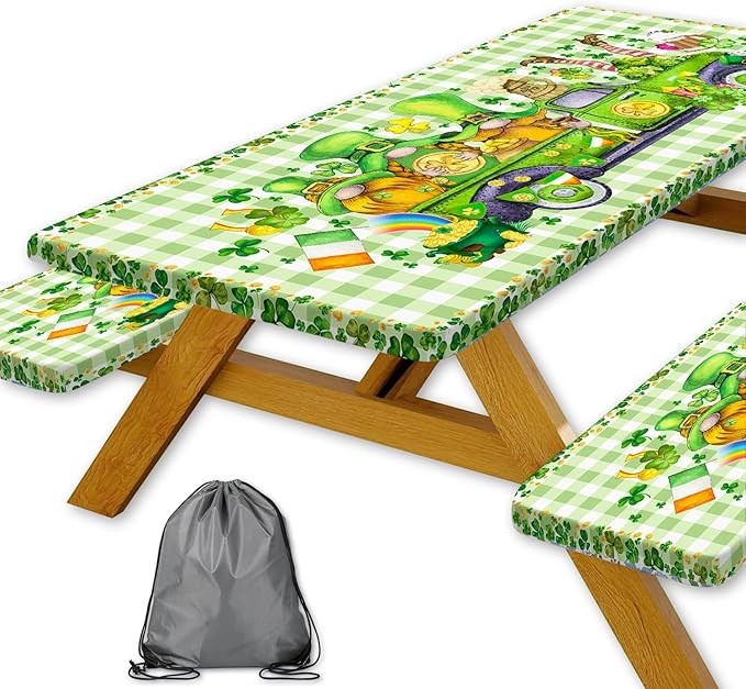 St. Patrick's Day Picnic Table Cover with Bench Covers, Camping Essentials, Plaid Truck Gnomes Clover Outdoor Table Covers, Waterproof, Fitted Tablecloth Cover with Elastic Edge, 3 PCS, 30x96 Inch