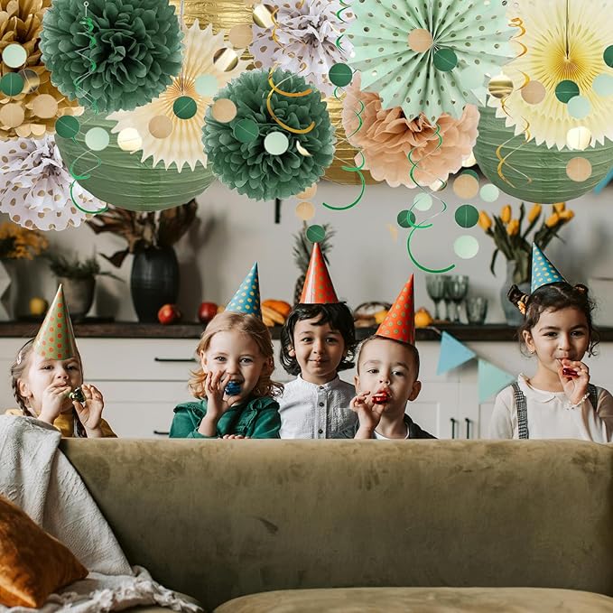 20PCS Sage Green Party Decoration,Green Paper Lanterns Fans,Pom Poms Flowers,Hanging Party Garland for Women Girls Boys Adults Birthday Party,Wedding,Baby Shower,Bridal Shower Party Decor