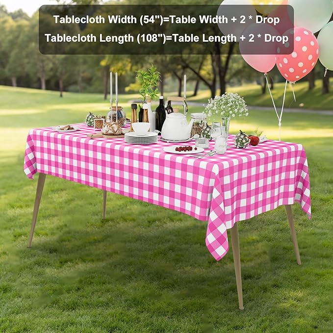 Smiry 5 Pack Hot Pink Gingham Disposable Tablecloths - 54" x 108" Heavy Duty Plastic Table Cloth, Waterproof Buffalo Plaid Table Covers for Picnic, Banquets, Parties