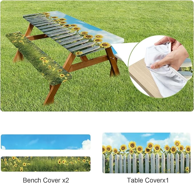 ANNA QUEEN 6FT Sunflower Picnic Table Cover with Bench Covers Spring Picnic Table Cover Set 3PCS 72"x30", Waterproof Outdoor Bench and Tablecloth Furniture Protection for Camping Beach