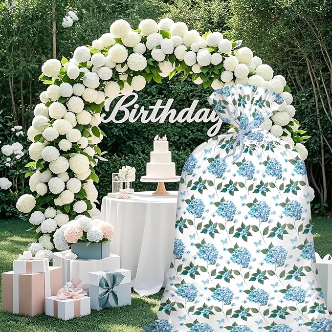WRAPAHOLIC 56" Large Hydrangea Floral Plastic Gift Bag - Blue Hydrangea Flower Jumbo Bike Bag Gift Wrap for Wedding, Birthday, Bridal Shower, Tea Party - 56" H x 36" W
