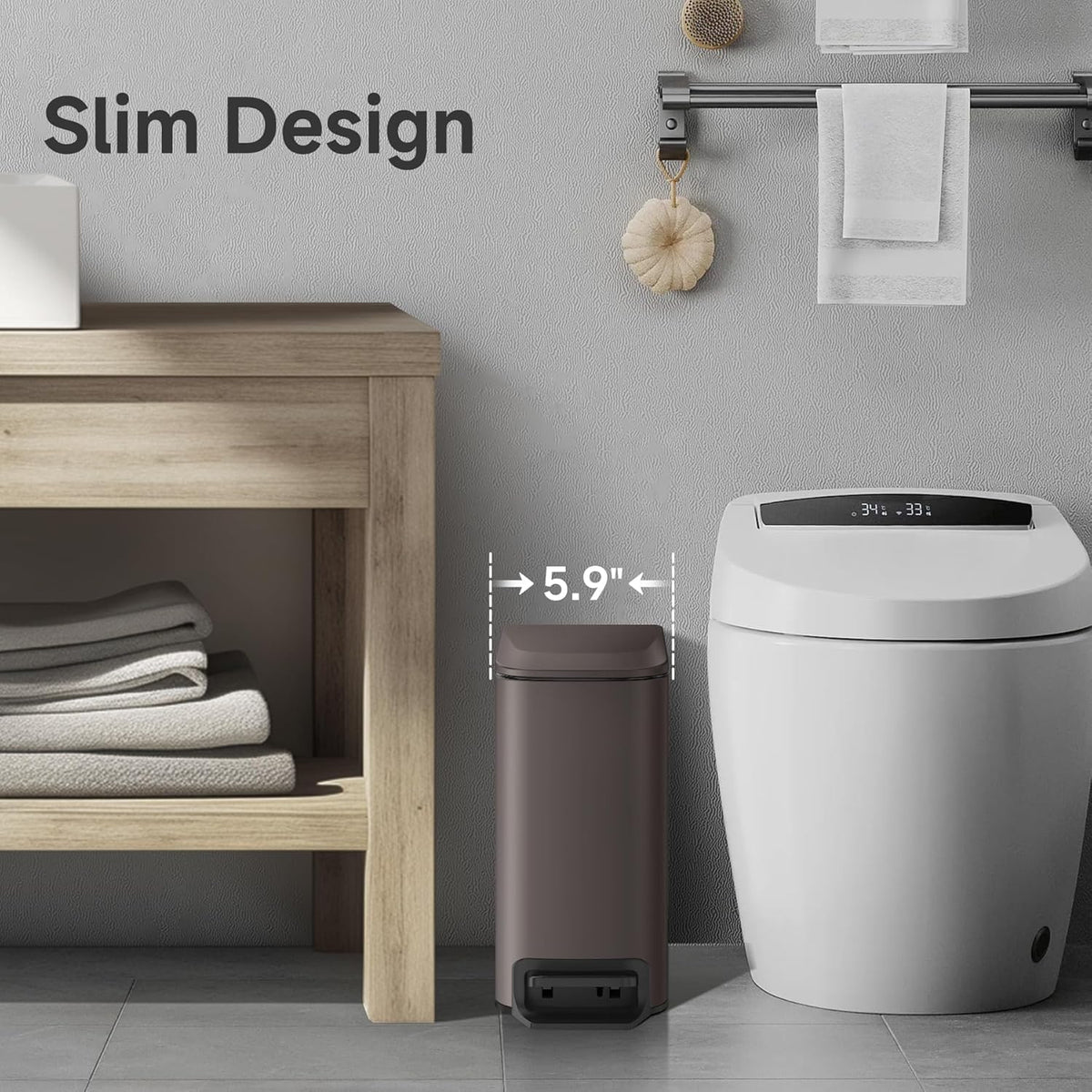TIPGO Slim Bathroom Trash Can with Lid Soft Close, Step Pedal, 6 Liter / 1.6 Gallon Stainless Steel Trash Bin, Small Garbage Cans for Bedroom, Office, Kitchen (Brown)