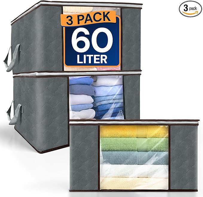 Reli. 60L Clothes Storage Bags (3 Pack) Closet Organizers and Storage Containers | Foldable Bins with Lids & Handles | Large Bags for Towels, Toys, Comforters, Blankets | Grey